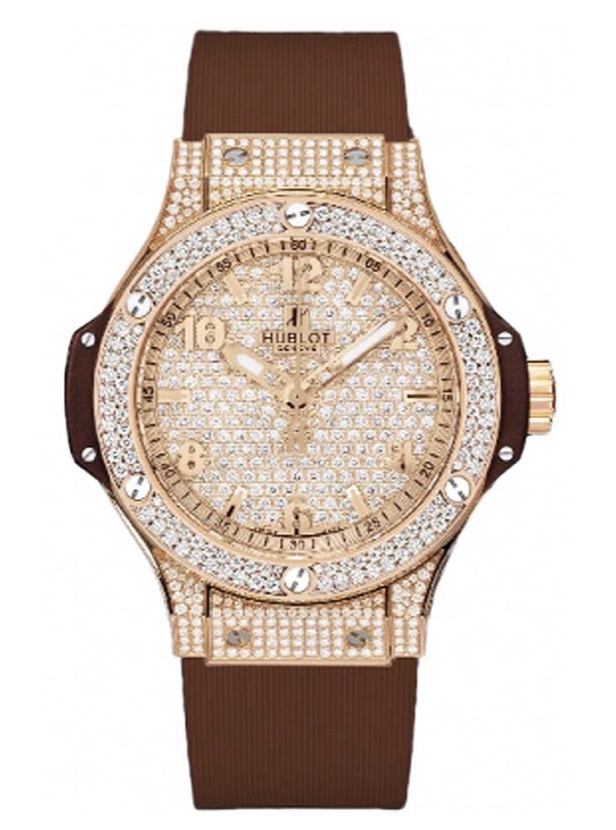 replica Hublot Big Bang 38mm Cappuccino in Rose Gold with Full Diamond Bezel on Brown Rubber Strap with Pave Diamond Dial 361.PC.9010.RC.1704