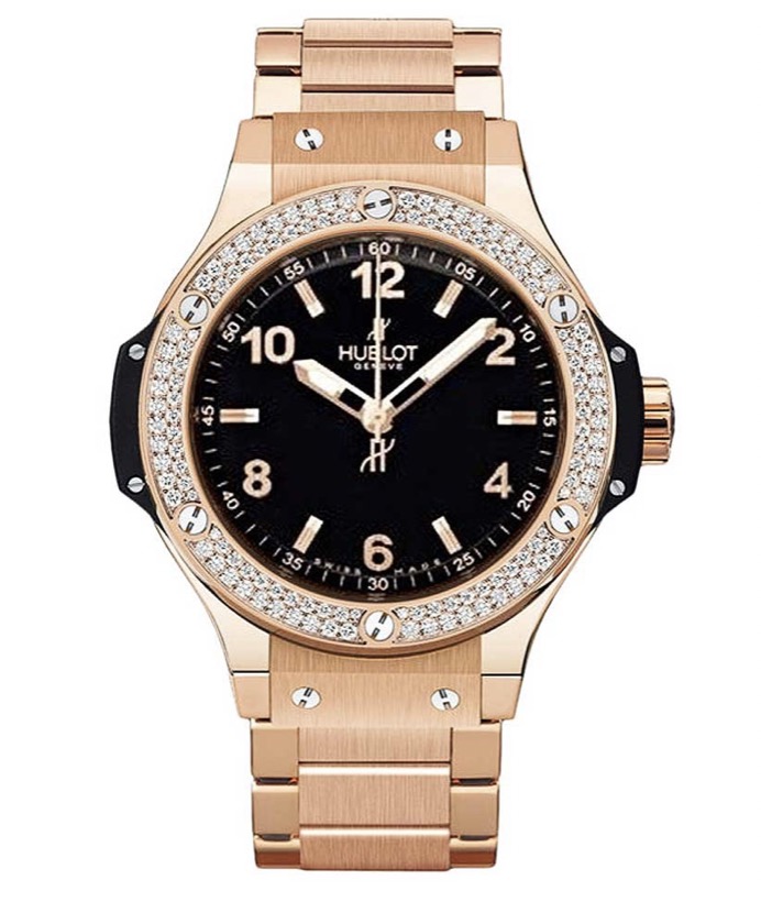 replica Hublot Big Bang 38mm in Rose Gold with Diamond Bezel on Rose Gold Bracelet with Black Dial 361.PX.1280.PX.1104