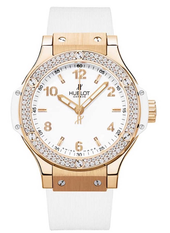 replica Hublot Big Bang 38mm in Rose Gold with Diamond Bezel on Rose Gold Bracelet with White Dial 361.PE.2010.PE.1104