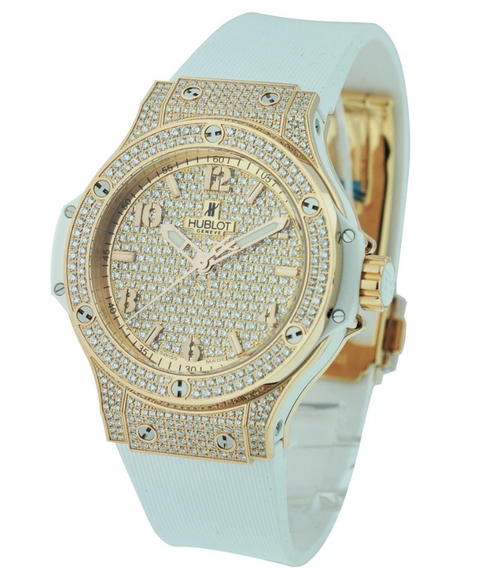 replica Hublot Big Bang 38mm in Rose Gold with Full Pave Diamond Bezel on White Rubber Strap with Pave Diamond Dial 361.PE.9010.RW.1704 - Click Image to Close