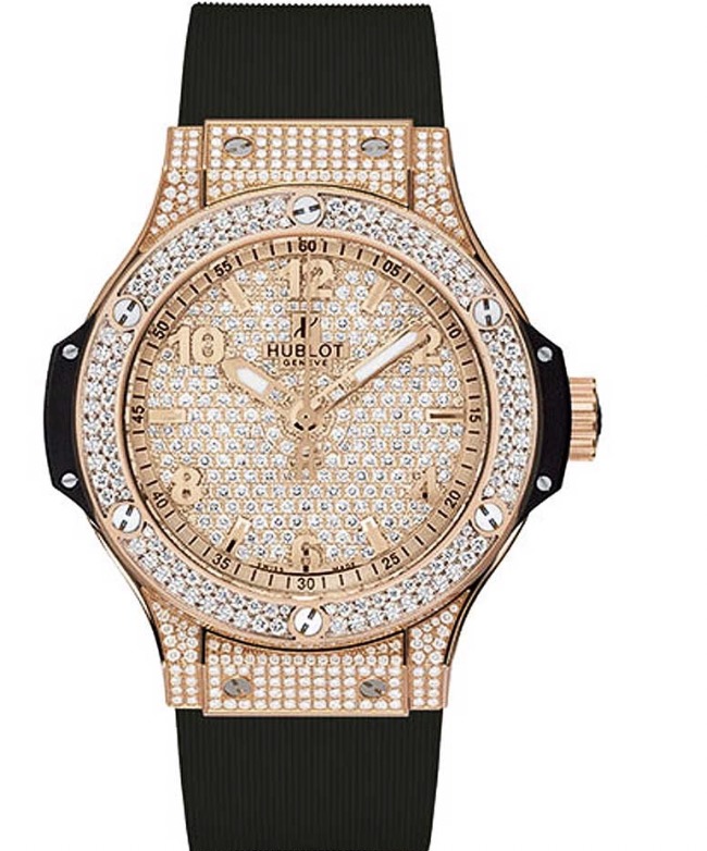 replica Hublot 38mm Big Bang Gold in Rose Gold with 2 Row Diamond Bezel on Black Rubber Strap with Diamond Dial - Full Diamond Case 361.PX.9010.RX.1704