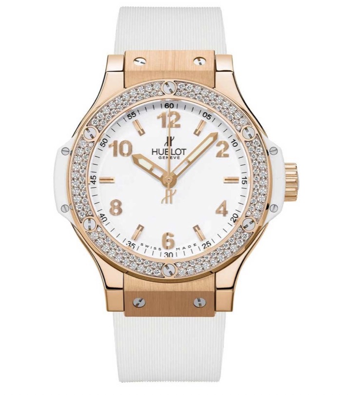 replica Hublot 38mm Big Bang in Rose Gold with Diamond Bezel on White Rubber Strap with White Dial 361.PE.2010.RW.1104