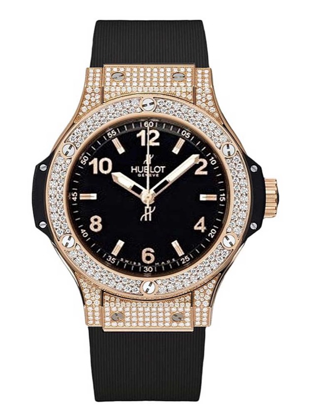 replica Hublot Big Bang 38mm in Rose Gold with Diamond Bezel on Black Rubber Strap with Black Dial 361.PX.1280.RX.1704