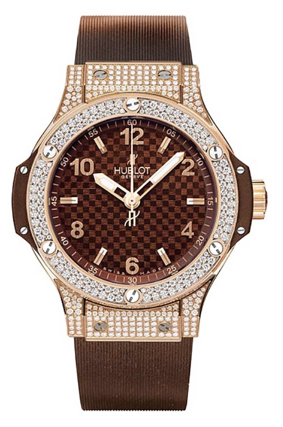 replica Hublot Big Bang Cappuccino 38mm in Rose Gold with Diamond Bezel on Brown Rubber Strap with Chooclate Carbon Dial 361.PC.3380.RC.1704