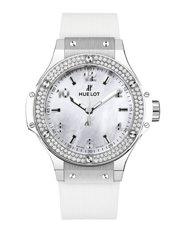 replica Hublot Big Bang 38mm in Stainless Steel with Diamond Bezel on White Rubber Strap with MOP Arabic Dial 361.SE.6010.RW.1104