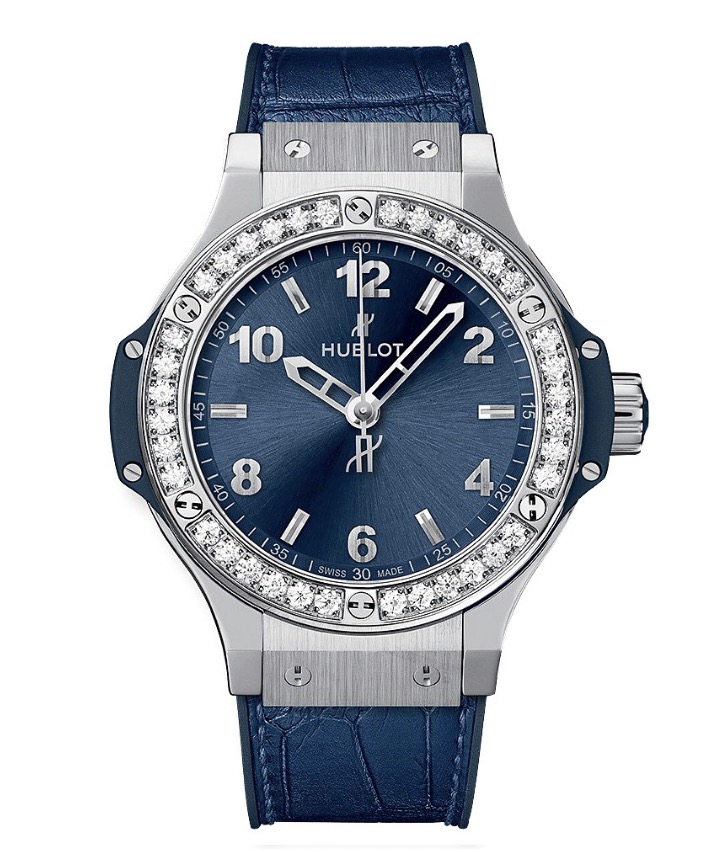 replica Hublot Big Bang Quartz 38mm Steel with Diamond Bezel on Blue Alligator Leather Strap with Blue Dial 361.SX.7170.LR.1204 - Click Image to Close