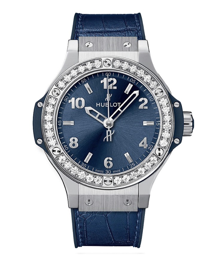 replica Hublot Big Bang Quartz 38mm Steel with Diamond Bezel on Blue Alligator Leather Strap with Blue Dial 361.SX.7170.LR.1204