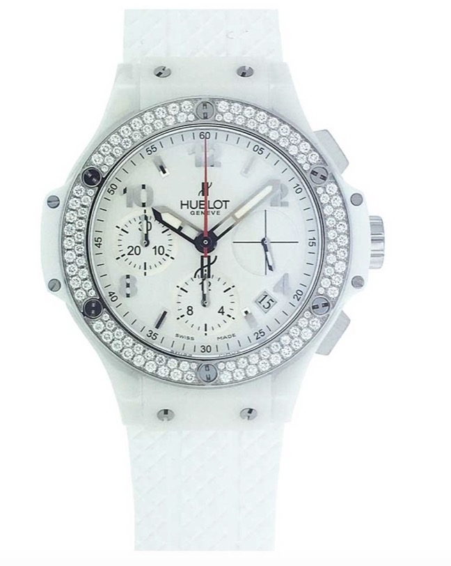 replica Hublot Big Bang 38mm in Steel with Diamond Bezel on White Rubber Strap with White Dial 342.HX.2010.RW.1104