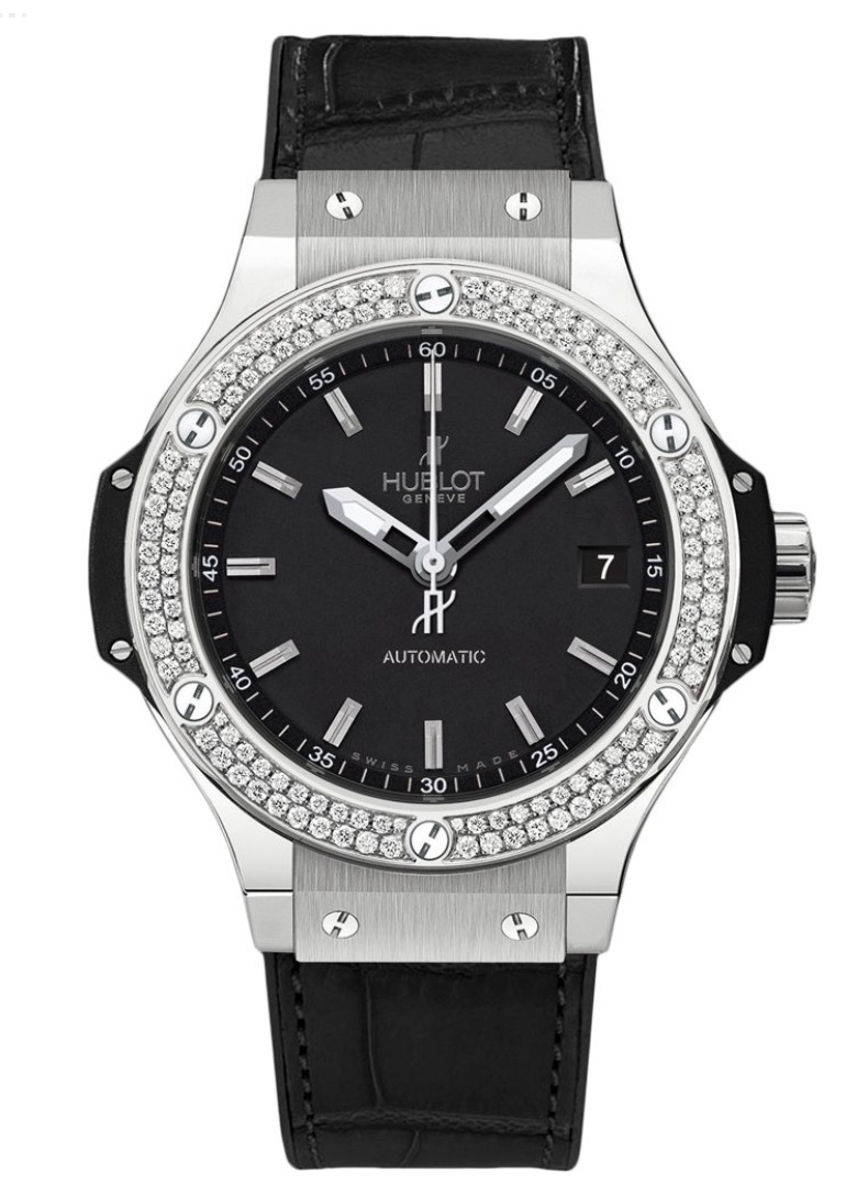 replica Hublot Big Bang 38mm in Steel with Diamond Bezel on Black Leather Strap with Black Dial 365.sx.1170.lr.1104