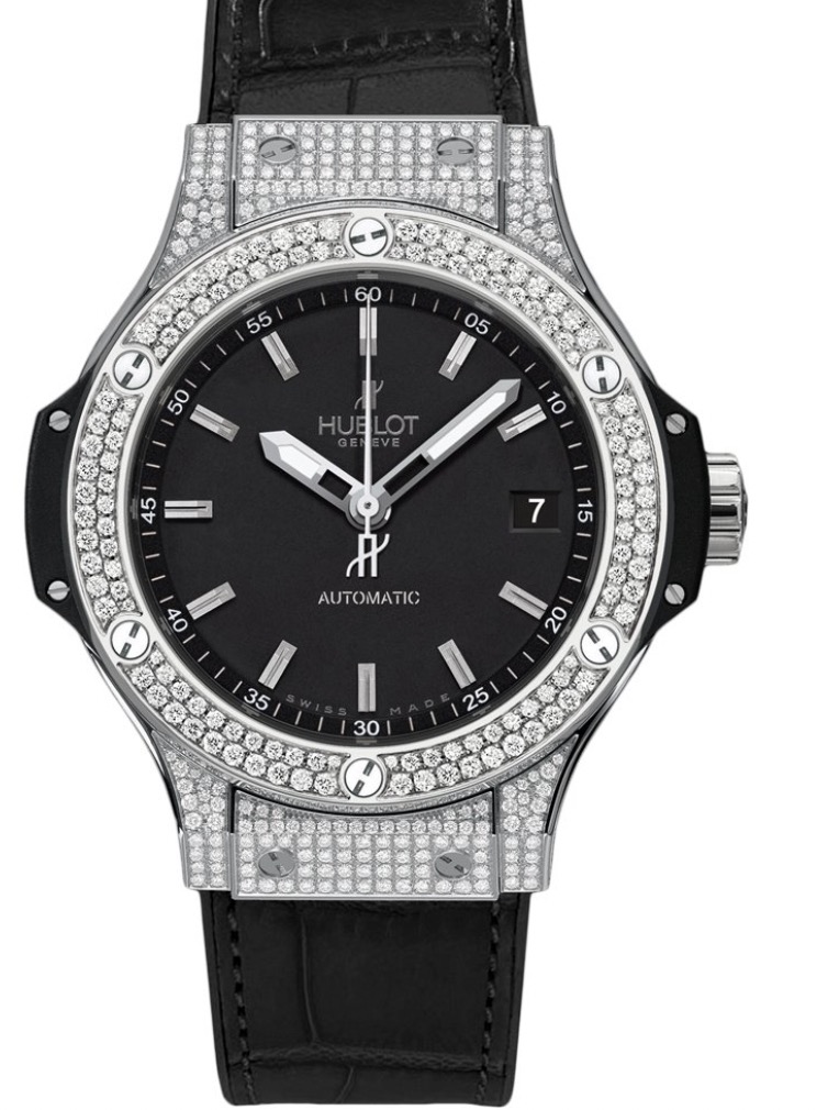replica Hublot Big Bang 38 mm in Steel with Diamond Bezel on Black Leather Strap with Black Dial 365.SX.1170.LR.1704