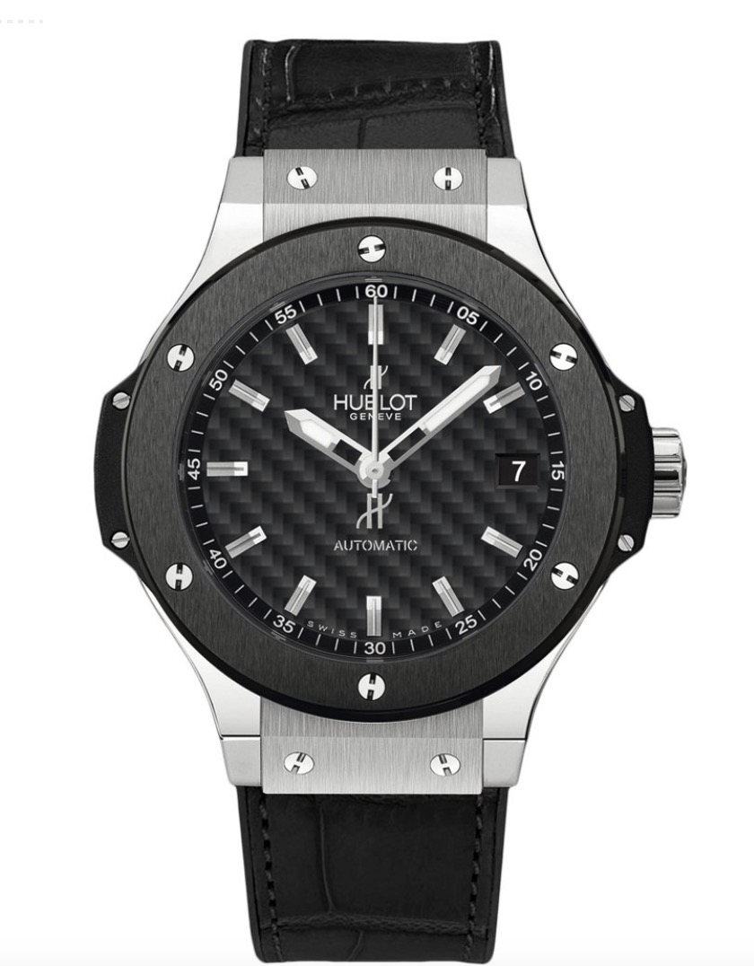 replica Hublot Big Bang 38mm in Steel with Ceramic Bezel on Black Leather Strap with Black Dial 365.sm.1770.lr