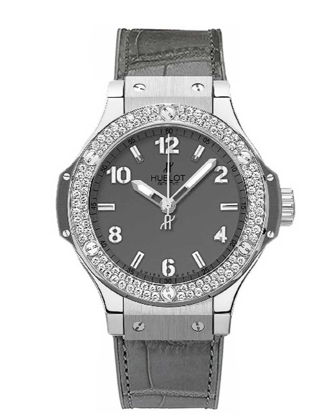replica Hublot Big Bang 38mm Earl Gray in Steel with Diamond Bezel on Grey Crocodile Leather Strap with Tantalum Grey Dial 361.ST.5010.LR.1104