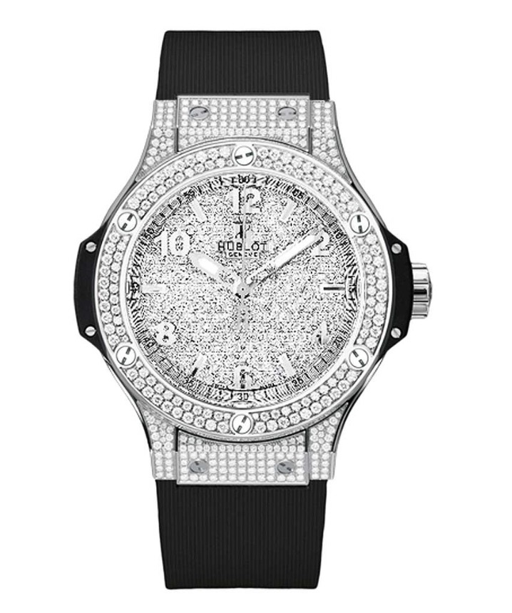 replica Hublot Big Bang 38mm in Steel with Pave Diamond Bezel on Black Rubber Strap with Pave Diamond Dial 361.SX.9010.RX.1704