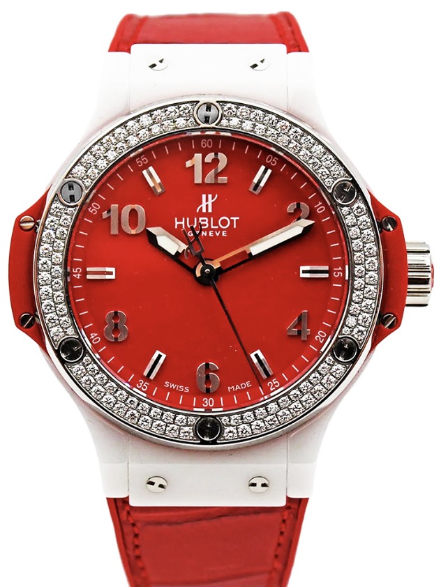 replica Hublot Big Bang 38mm in Steel with Diamond Bezel on Red Crocodile Leather Strap with Red Dial 361.HR.8510.LR.1104