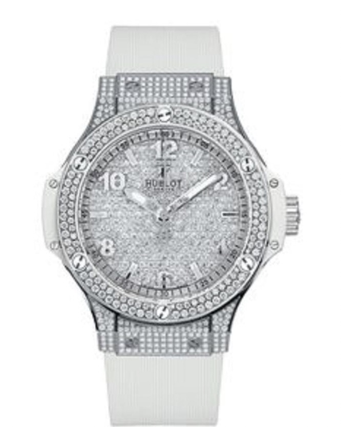 replica Hublot Big Bang 38mm in Steel with Diamond Bezel on White Rubber Strap with Pave Diamond Dial 361.SE.9010.RW.1704 - Click Image to Close