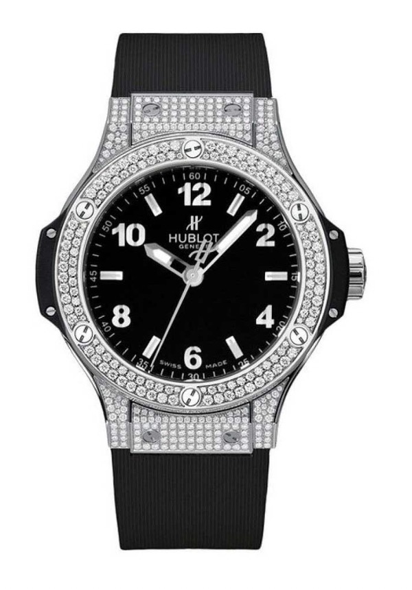 replica Hublot Big Bang 38mm in Steel with Diamond Bezel on Black Rubber Strap with Black Dial -Full Diamond Case 361.SX.1270.RX.1704 - Click Image to Close