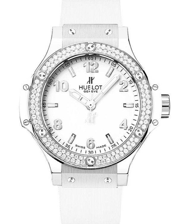 replica Hublot Big Bang St. Moritz All White in Steel with Baguette Diamond Bezel on White Rubber Strap with White Dial 361.SE.2010.RW.0904
