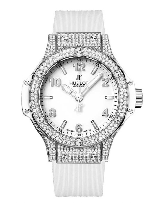 replica Hublot Big Bang 38mm in Steel with Diamond Bezel on White Rubber Strap with White Dial 361.SE.2010.RW.1704