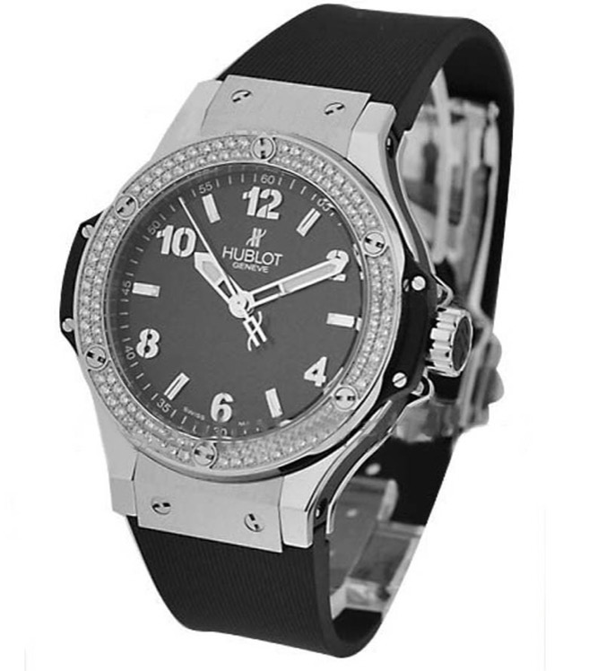 replica Hublot 38mm Big Bang Steel with 2 Rows Diamond Bezel on Black Rubber Strap with Black Dial 361.SX.1270.RX.1104