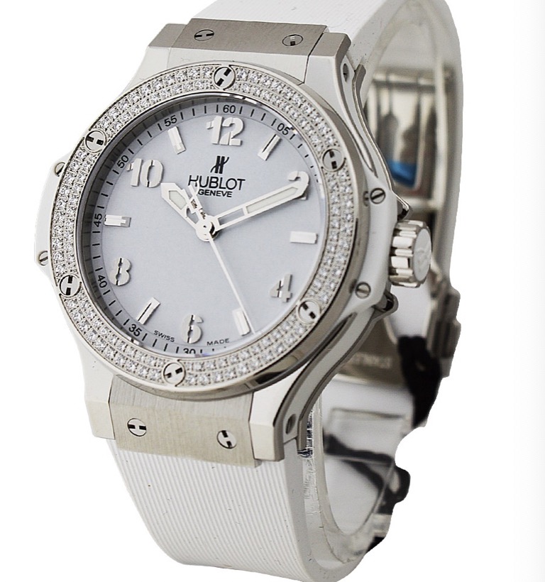 replica Hublot Big Bang 38mm in Stainless Steel with Diamond Bezel on White Rubber Strap with White Matte Arabic Dial 361.SE.2010.RW.1104 - Click Image to Close