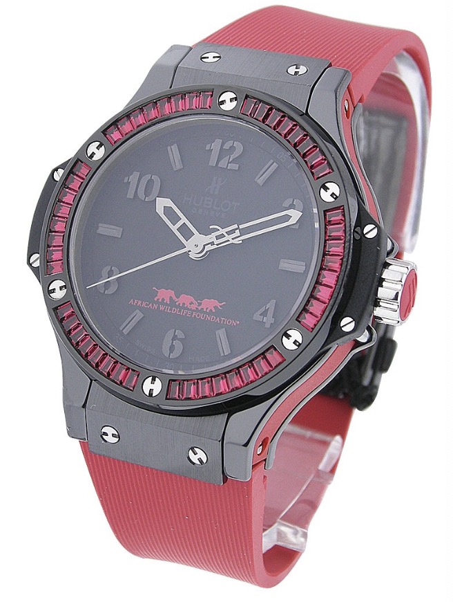 replica Hublot Big Bang Out in Africa 38mm in Black Ceramic with Red Baguette Diamond Bezel on Red Rubber Strap with Black Dial 361.CR.1110.RR.1913.AWF10