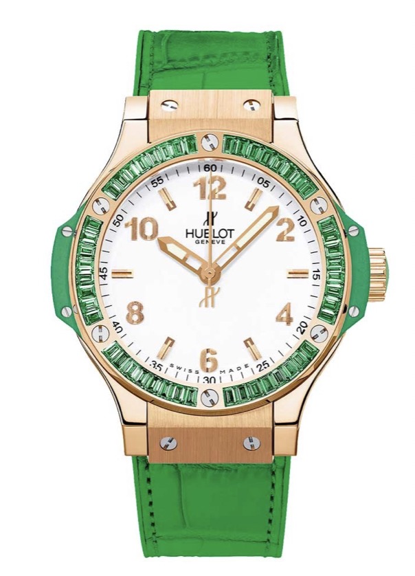 replica Hublot Big Bang 38mm Tutti Frutti in Rose Gold with Green Baguette Diamond Bezel on Green Crocodile Leather Strap with White Dial 361.PG.2010.LR.1922