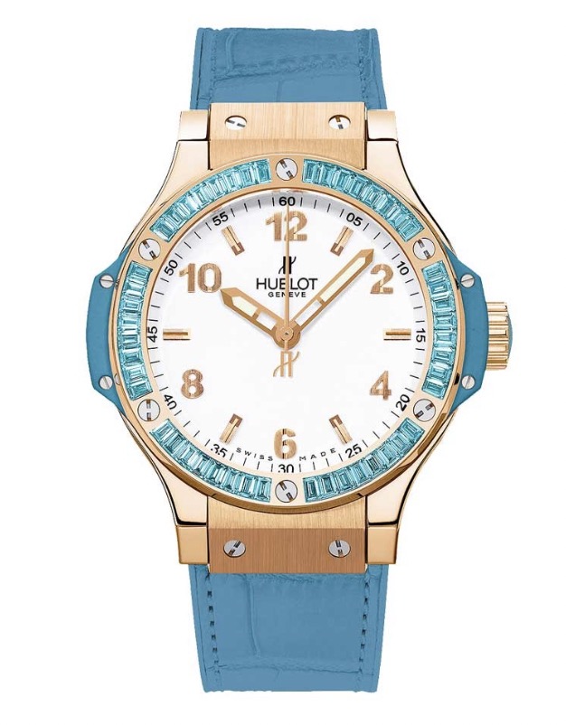 replica Hublot Big Bang 38mm Tutti Frutti in Rose Gold with Blue Topaz Baguette Diamond Bezel on Blue Crocodile Leather Strap with White Dial 361.PL.2010.LR.1907