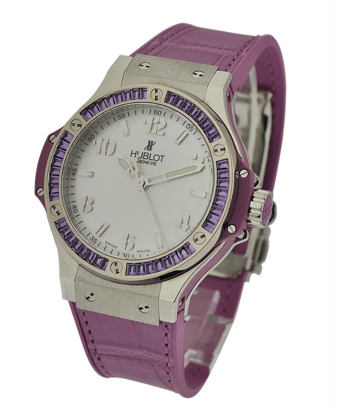 replica Hublot Big Bang 38mm in Steel with Purple Baguette Diamond Bezel on Purple Crocodile Leather Strap with White Dial 361.SV.6010.LR.1905