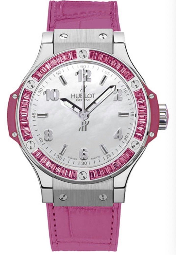 replica Hublot Big Bang 38mm Tutti Frutti in Steel with Pink Baguette Diamond Bezel on Pink Leather Strap with MOP Dial 361.SP.6010.LR.1933 - Click Image to Close
