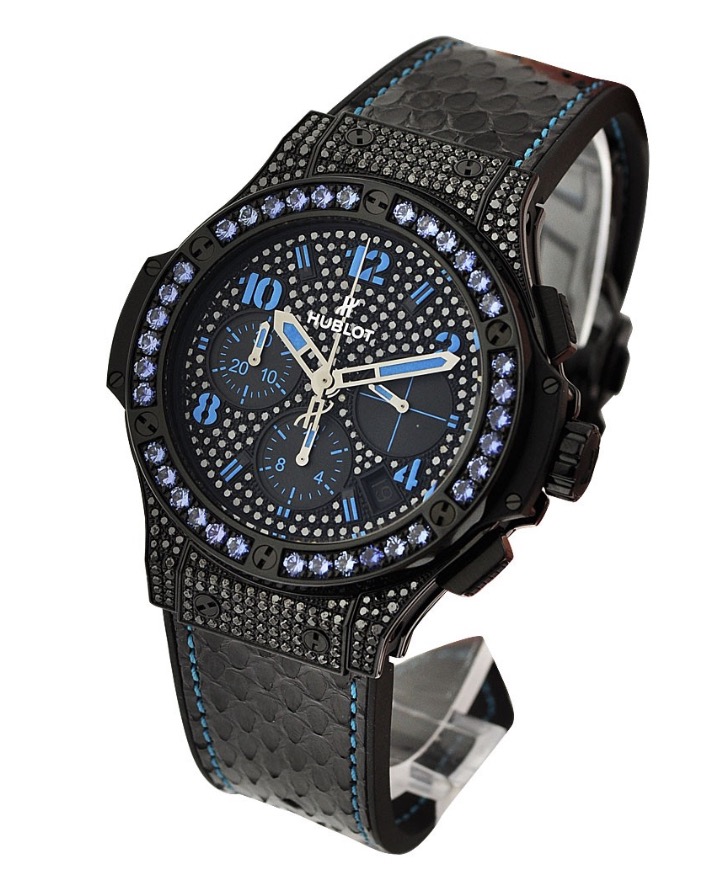 replica Hublot Big Bang Black Fluo Blue Automatic in Black PVD Steel with Blue Sapphire Bezel On Black Phyton Skin Strap and Diamond Dial 341.SV.9090.PR.0901