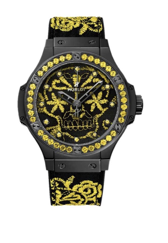 replica Hublot Big Bang Broderie Sugar Skull Fluo Malachik 41mm in Black Ceramic with Black-Plated Bezel on Black Rubber and Yellow Embroidery Strap with Black Dial Having Yellow Embroidery 343.CY.6590.NR.1211