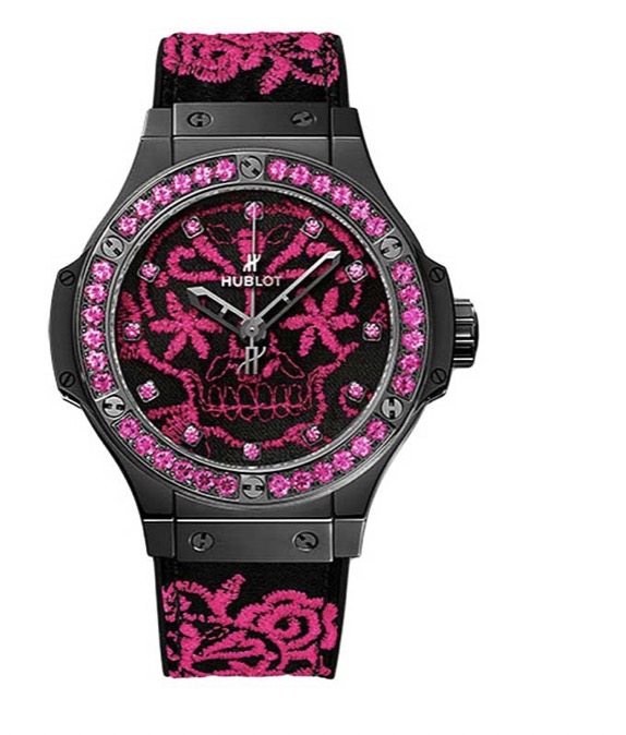 replica Hublot Big Bang Broderie Sugar Skull Fluo Malachik 41mm in Black Ceramic with Black-Plated Bezel on Black Rubber and Pink Embroidery Strap with Black Dial Having Pink Embroidery 343.CP.6590.NR.1233 - Click Image to Close