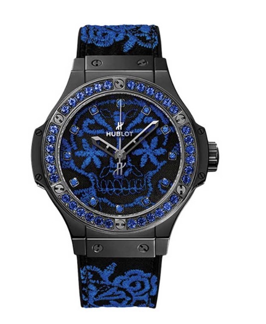 replica Hublot Big Bang Broderie Sugar Skull Fluo Malachik 41mm in Black Ceramic with Black-Plated Bezel on Black Rubber and Blue Embroidery Strap with Black Dial Having Blue Embroidery 343.CL.6590.NR.1201