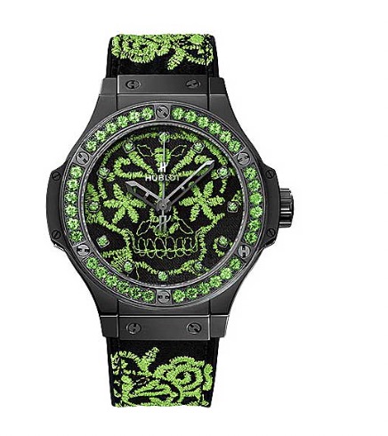 replica Hublot Big Bang Broderie Sugar Skull Fluo Malachik 41mm in Black Ceramic with Black-Plated Bezel on Black Rubber and Green Embroidery Strap with Black Dial Having Green Embroidery 343.CG.6590.NR.1222