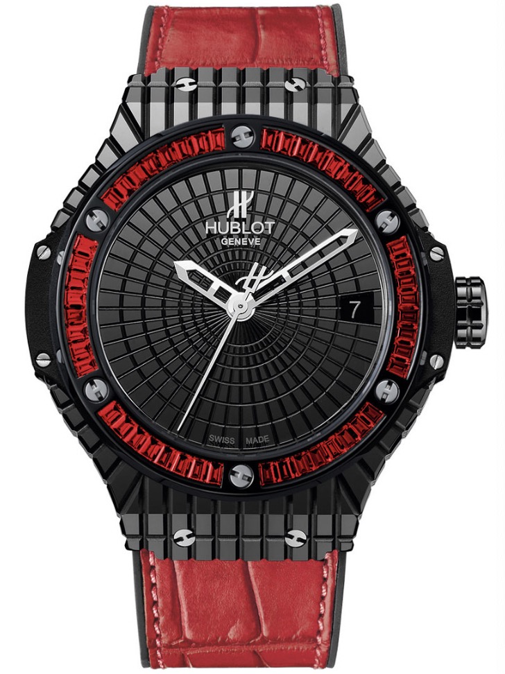 replica Hublot Big Bang Tutti Frutti Red Caviar in Black Ceramic with Red Baguette Diamond Bezel on Red Leather Strap with Black Dial 346.CD.1800.LR.1913