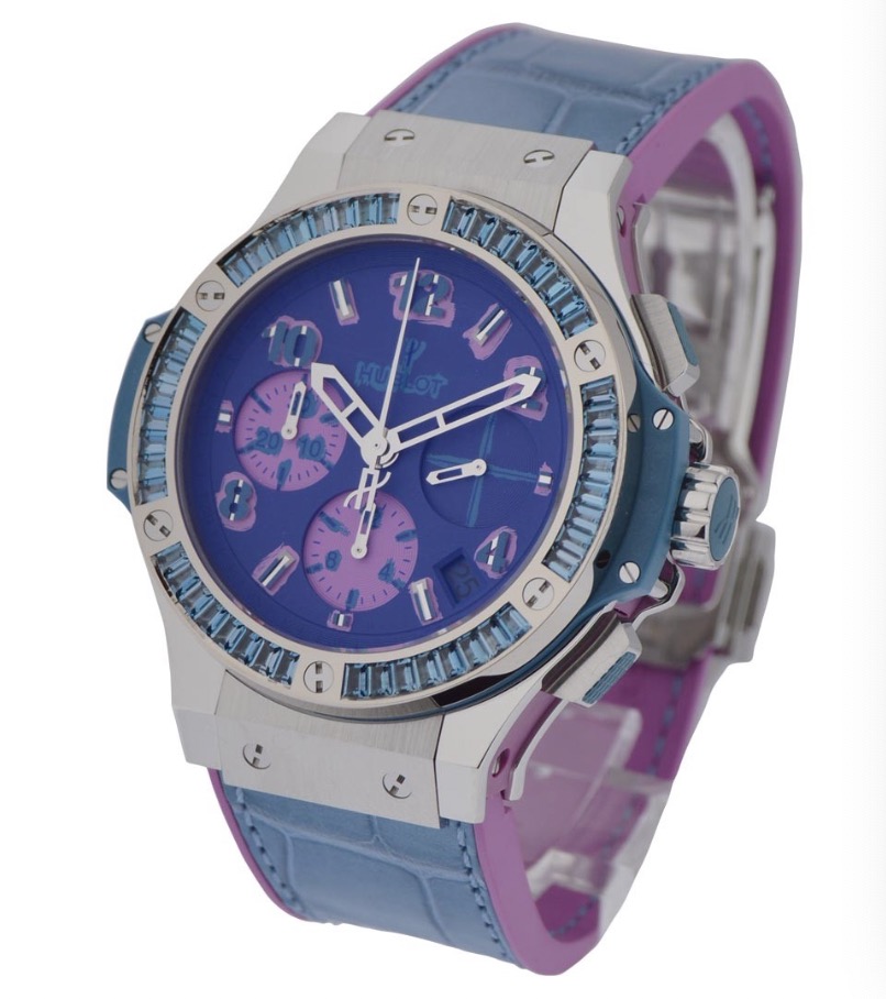 replica Hublot Big Bang 4mm Pop Art in Steel with Blue Baguette Diamond Bezel on Blue Crocodile Leather Strap with Blue Dial 341.SL.5199.LR.1907.POP14