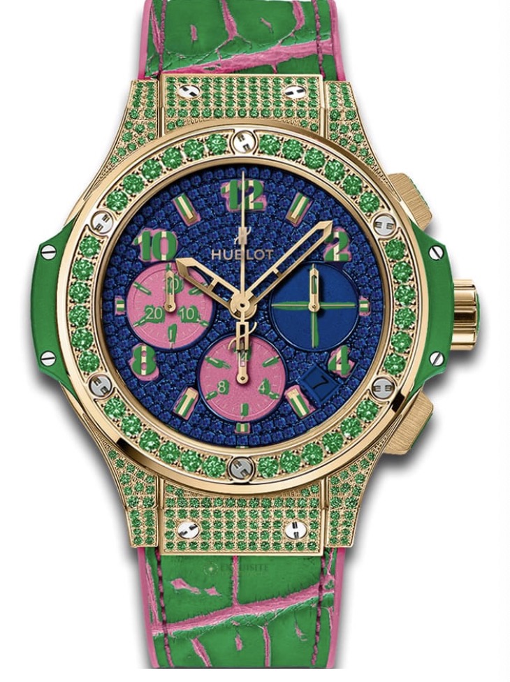 replica Hublot Big Bang Pop Art Apple in Yellow Gold with Green Diamond Bezel on Green Leather Strap with Blue Diamond Dial - Pink Subdials 341.VG.9089.LR.1622.POP15