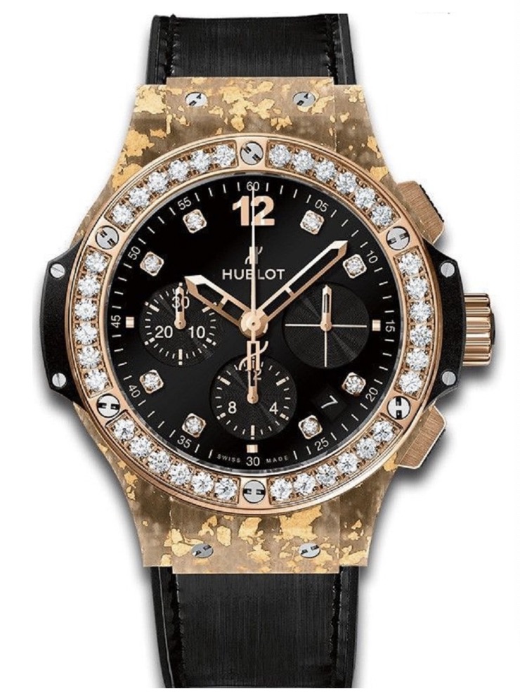 replica Hublot Big Bang Gold Linen Natural Gold in Rose Gold with Diamond Bezel On Black Leather Strap with Black Diamond Dial 341.XN.1280.NR.1204