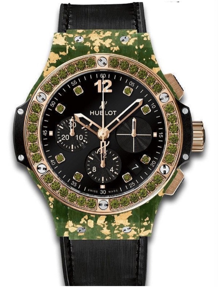 replica hublot Big Bang Gold Linen in Rose Gold with Green GemStone Bezel On Black Leather Strap with Black and Green Diamond Dial 341.XG.1280.NR.1229