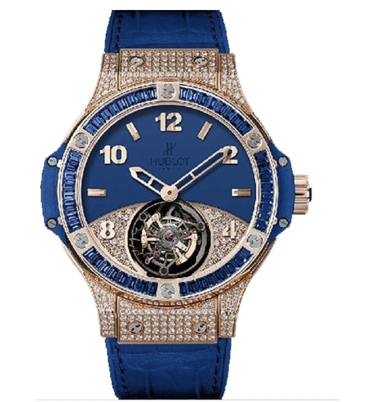 replica Hublot Big Bang Tourbillon in Rose Gold with Diamond Bezel on Blue Leather Strap with Blue Pave Diamond Dial 345.PL.5190.LR.0901 - Click Image to Close