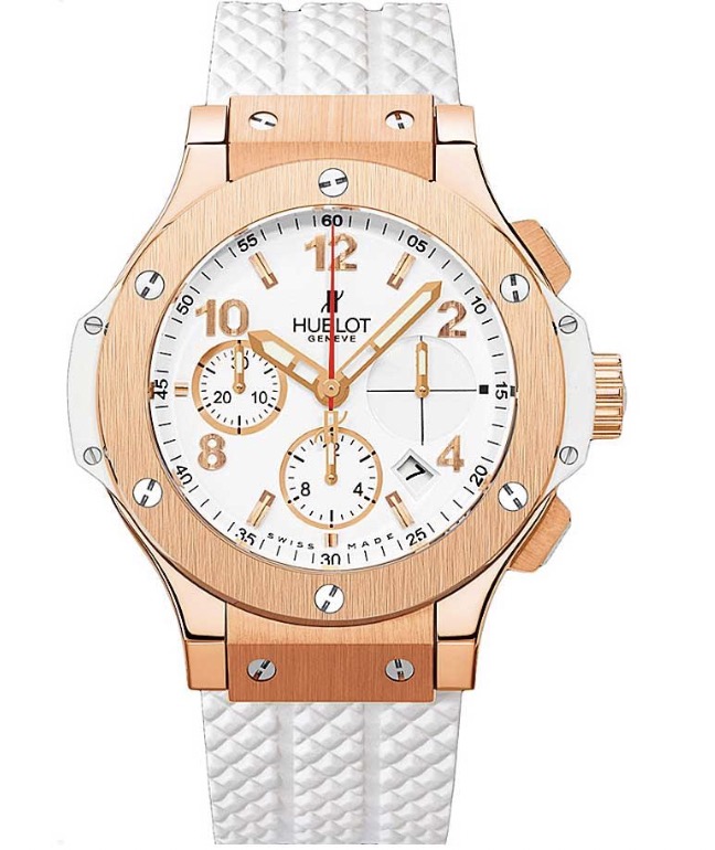 replica Hublot 41mm Big Bang Portocervo in Rose Gold with Rose Gold Bezel on White Rubber Strap with White Dial 341.PE.230.RW