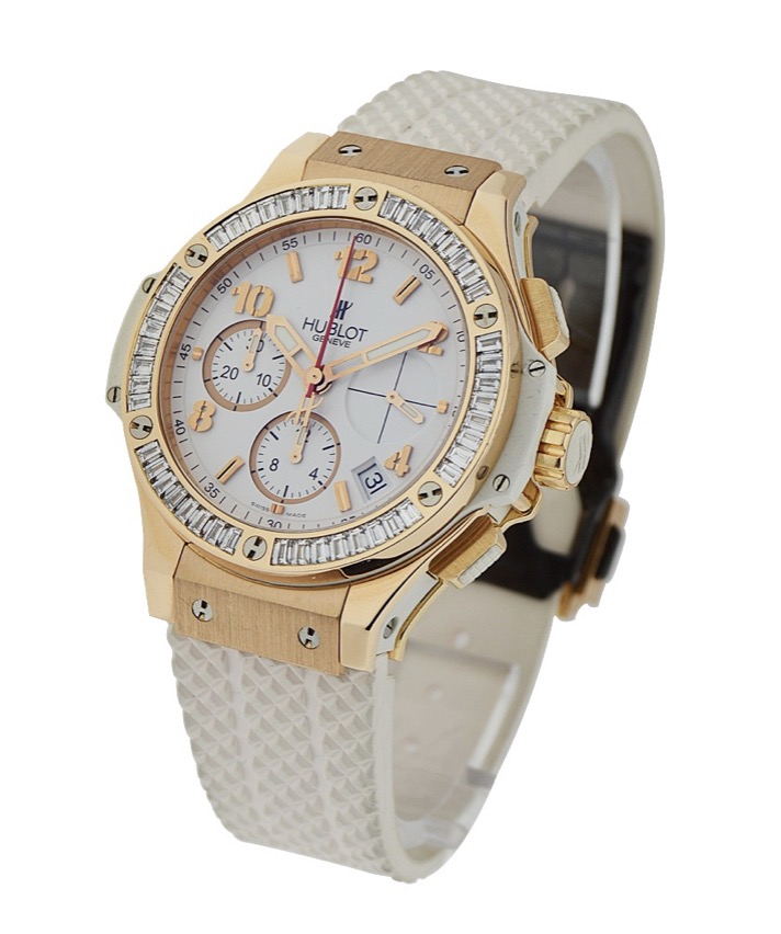 replica Hublot Big Bang 41mm Rose Gold with Baguette Bezel on White Rubber Strap - White Dial 341.PE.230.RW.194