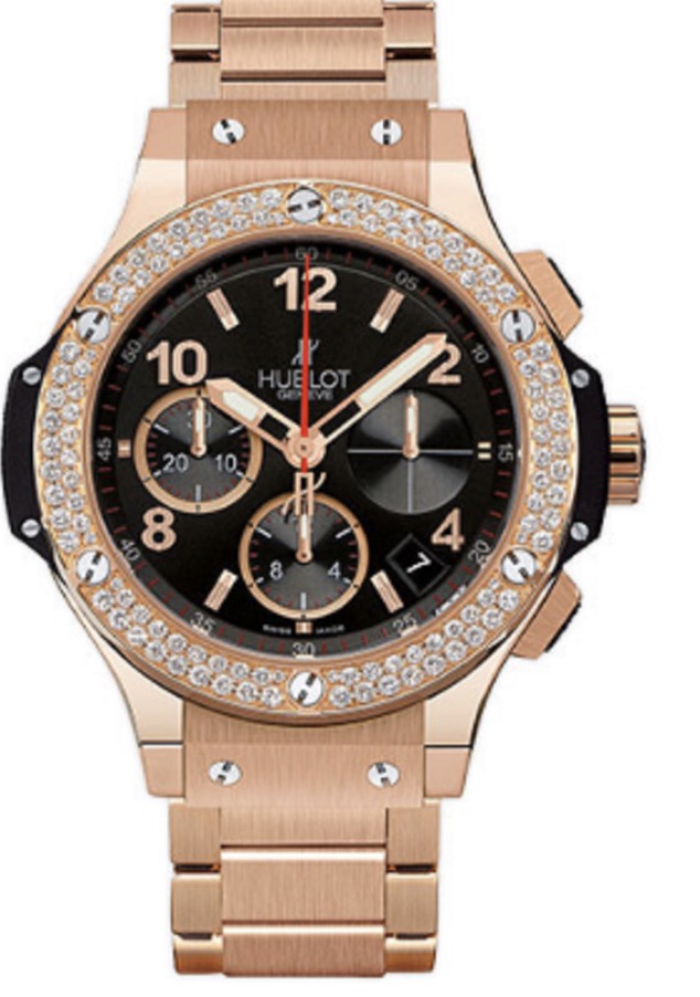 replica Hublot Big Bang 41mm in Rose Gold with Diamond Bezel on Rose Gold Bracelet with Black Dial 341.PX.130.PX.114