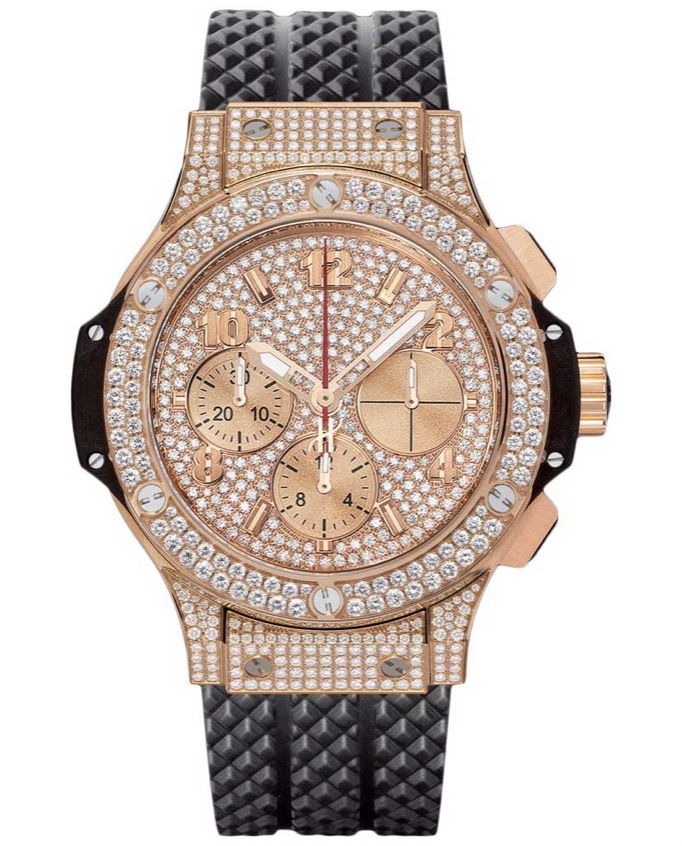 replica Hublot Big Bang 41mm in Rose Gold with Pave Diamond Bezel on Black Rubber Strap with Pave Diamond Dial 341.PX.9010.RX.1704