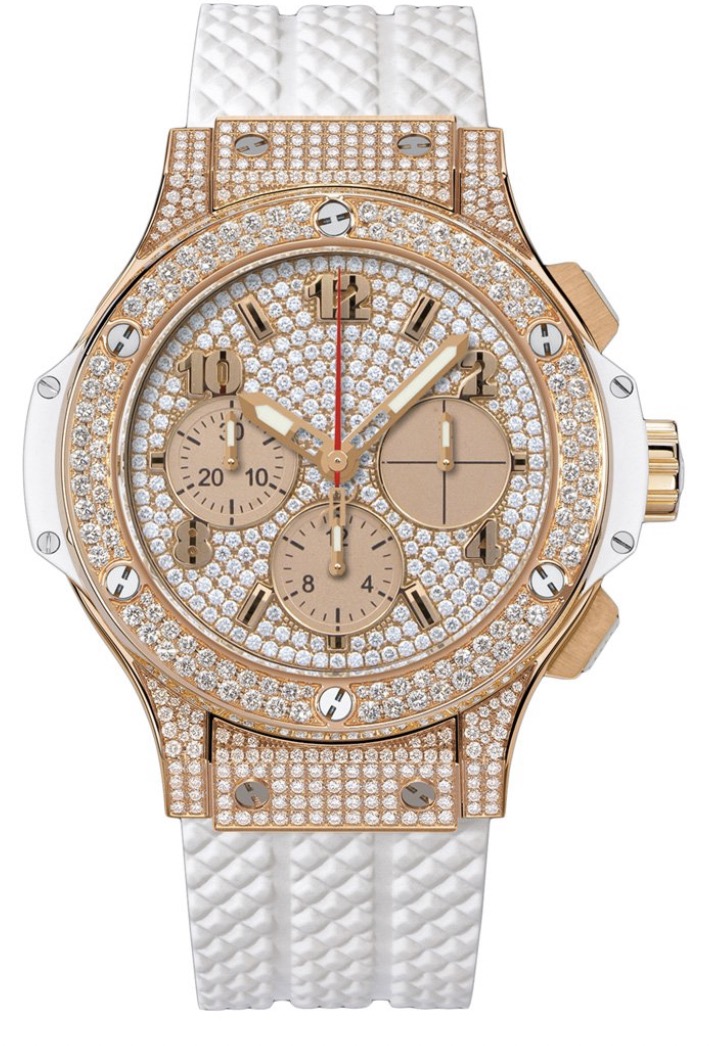 replica Hublot Big Bang 41mm Iin Rose Gold with Pave Diamond Bezel on White Rubber Strap with Pave Diamond Dial 341.PE.9010.RW.1704