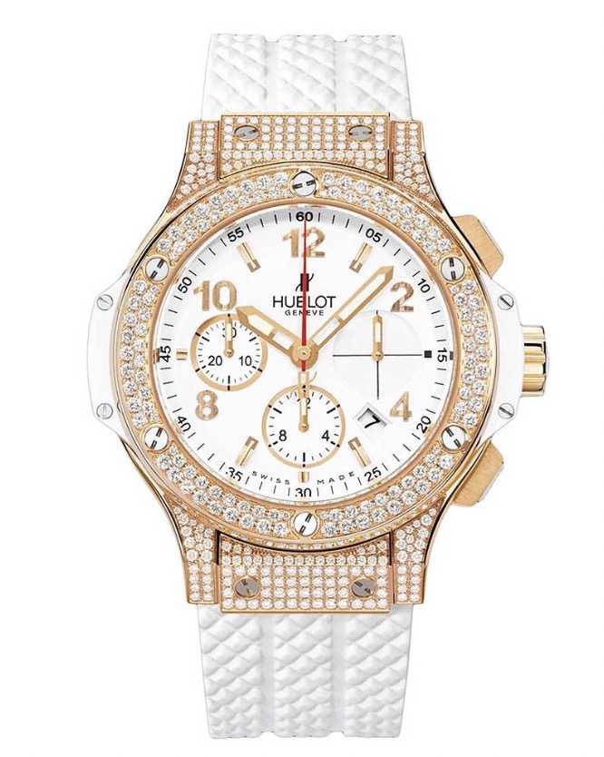 replica Hublot Big Bang 41mm in Rose Gold with Diamond Bezel on White Rubber Strap with White Dial 341.PE.2010.RW.1704