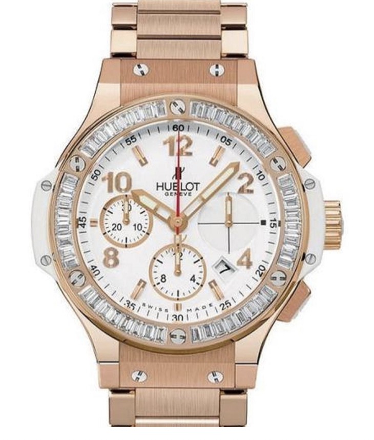 replica Hublot Big Bang 41mm in Rose Gold with Diamond Bezel on Rose Gold Bracelet with White Dial 341.PE.2010.PE.1904