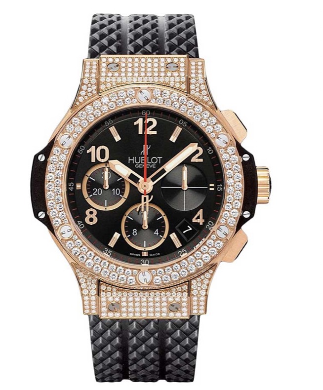 replica Hublot Big Bang 41mm in Rose Gold with Diamond Case and Bezel on Black Rubber Strap with Black Dial 341.PX.130.RX.174