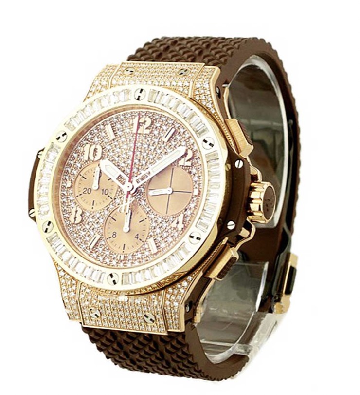 replica Hublot Big Bang Cappuccino 41mm in Rose Gold with Baguette Diamond Bezel on Brown Rubber Strap with Pave Diamond Dial 341.PC.9114.RX.094