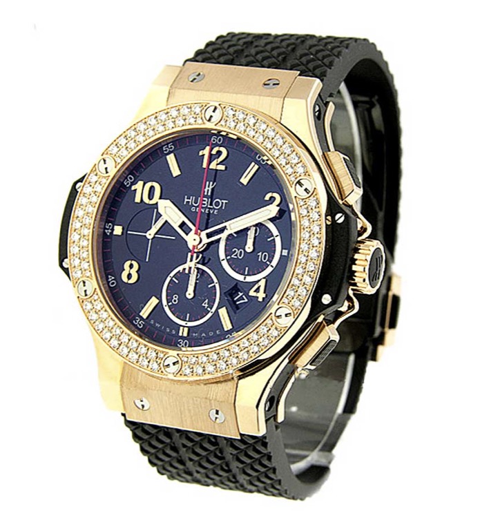 replica Hublot Big Bang 41mm in Rose Gold with Diamond Bezel on Black Rubber Strap with Black Dial 341.PX.130.RX.114